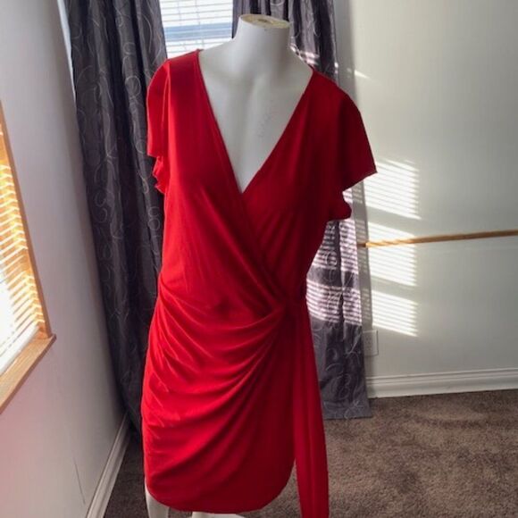 INC International Concept Red Cap sleeves tie Faux front wrap dress, size L - Picture 2 of 5